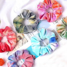 IVARYSS Tie Dye Velvet Scrunchies displayed in a colourful arrangement