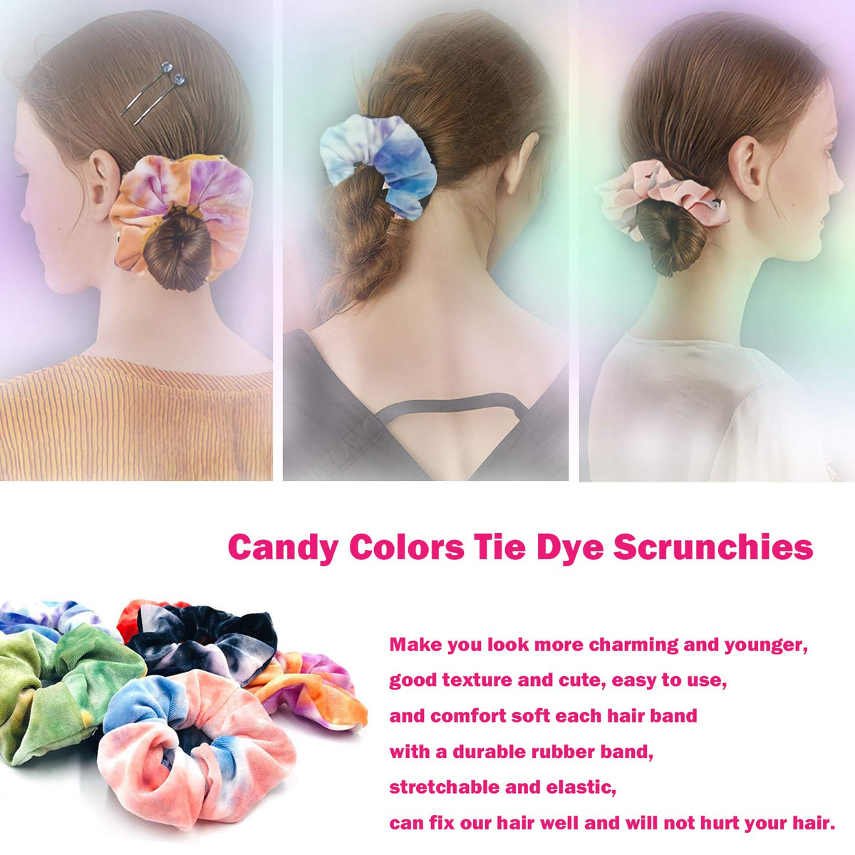 IVARYSS Tie Dye Velvet Scrunchies with a rainbow theme