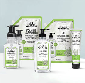 J.R. Watkins Aloe & Green Tea Foam Hand Soap on a bathroom sink