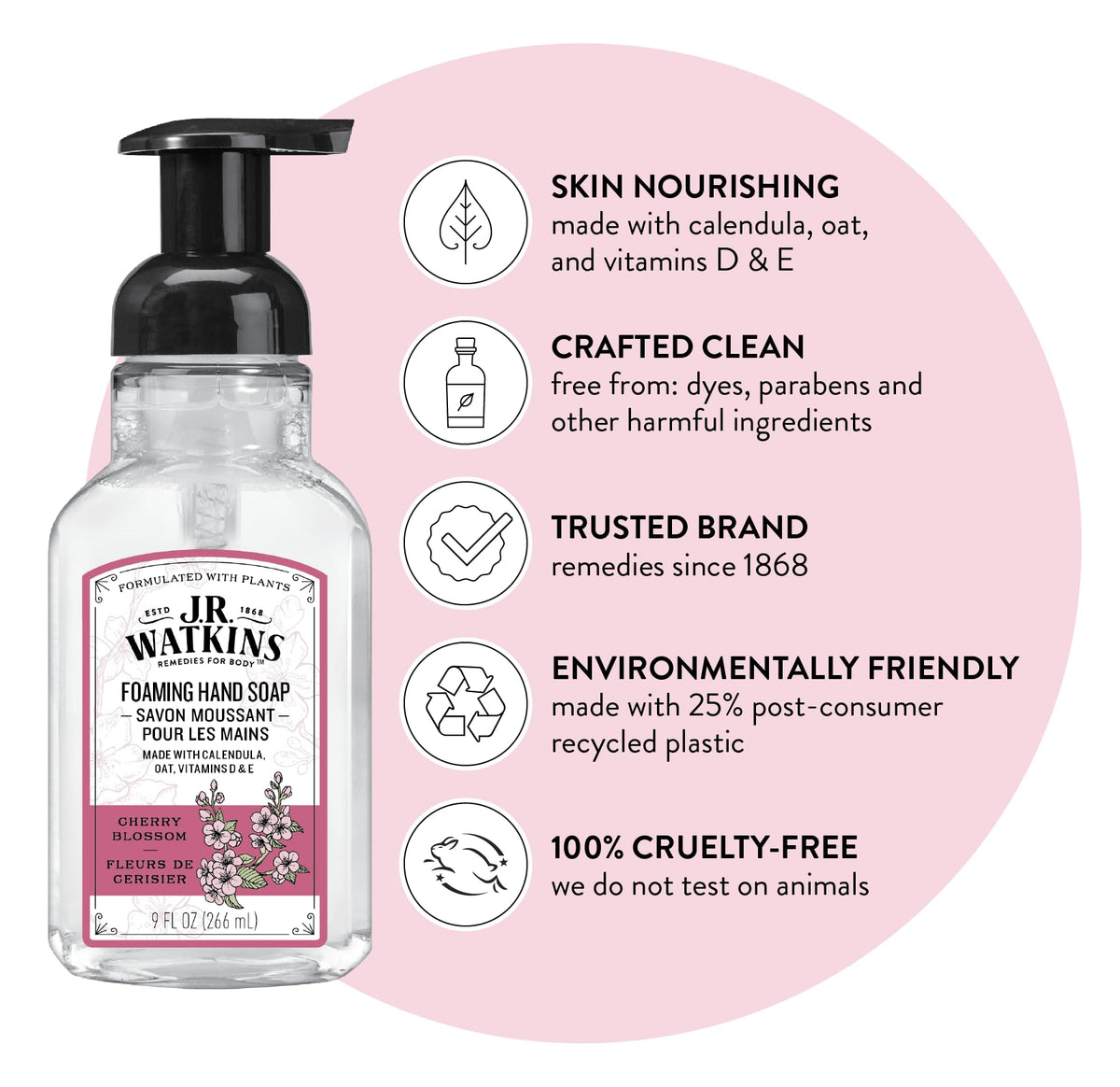J.R. Watkins Cherry Blossom Foam Hand Soap bottle side view