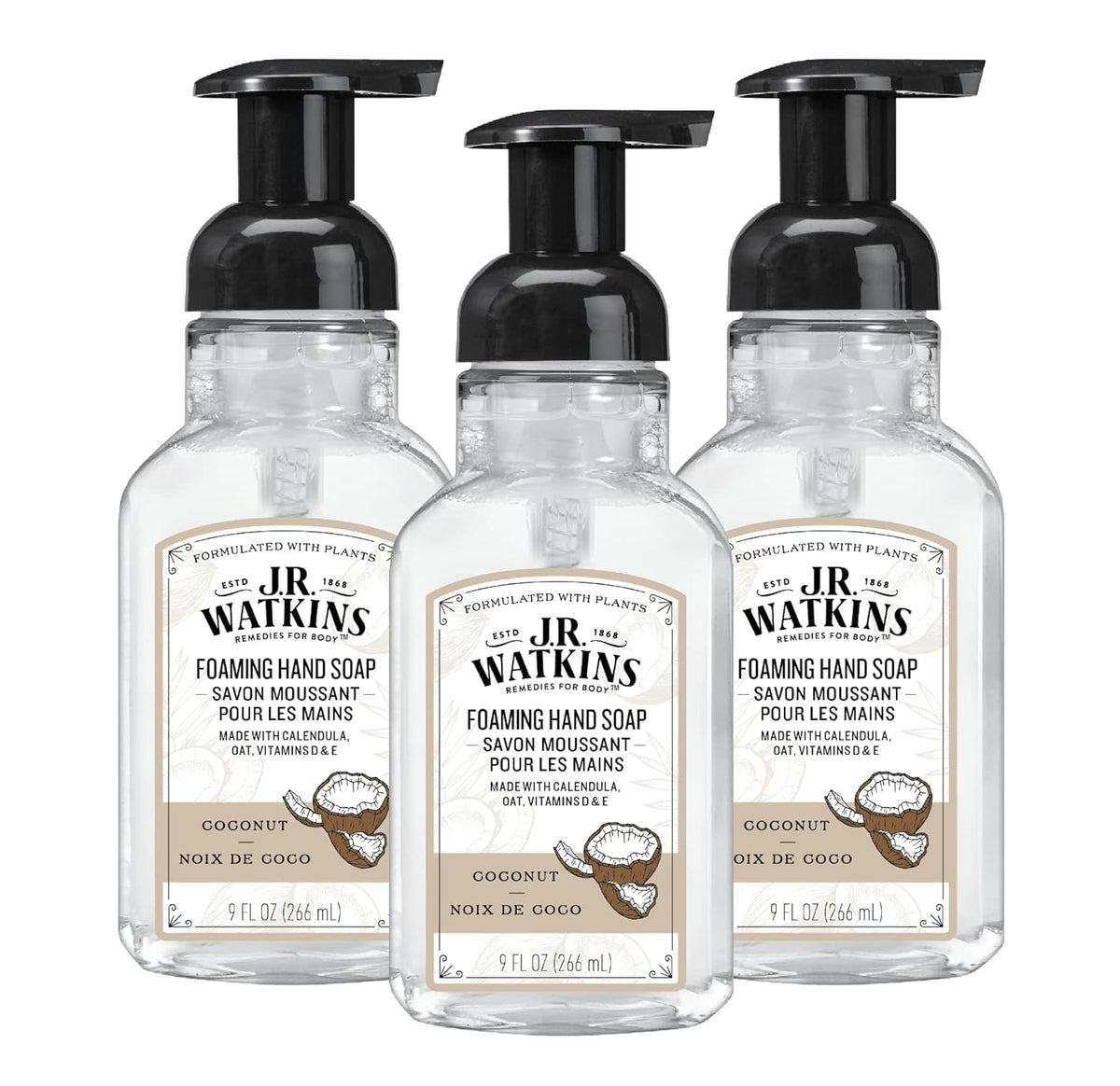 J.R. Watkins Coconut Foam Hand Soap dispenser front view
