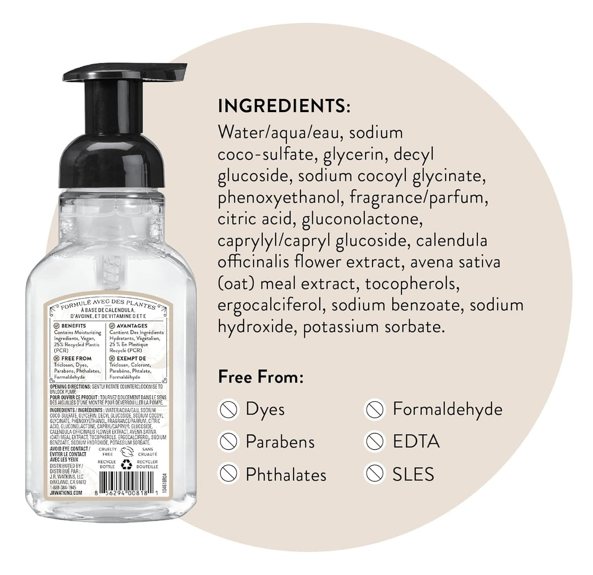 J.R. Watkins Coconut Foam Hand Soap ingredients list