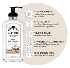 J.R. Watkins Coconut Gel Hand Soap 11 fl oz bottle side view