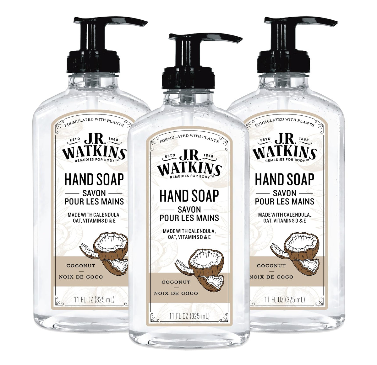 J.R. Watkins Coconut Gel Hand Soap 3 Pack front view