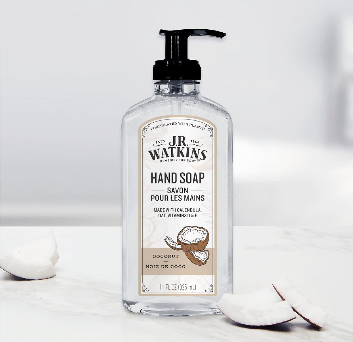 J.R. Watkins Coconut Gel Hand Soap in a bathroom setting