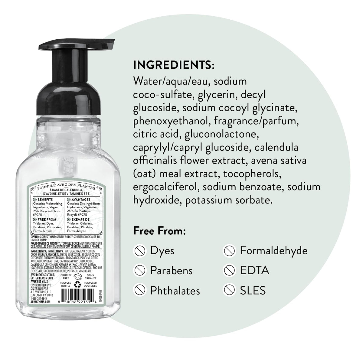 J.R. Watkins Eucalyptus Foam Hand Soap showing ingredient list