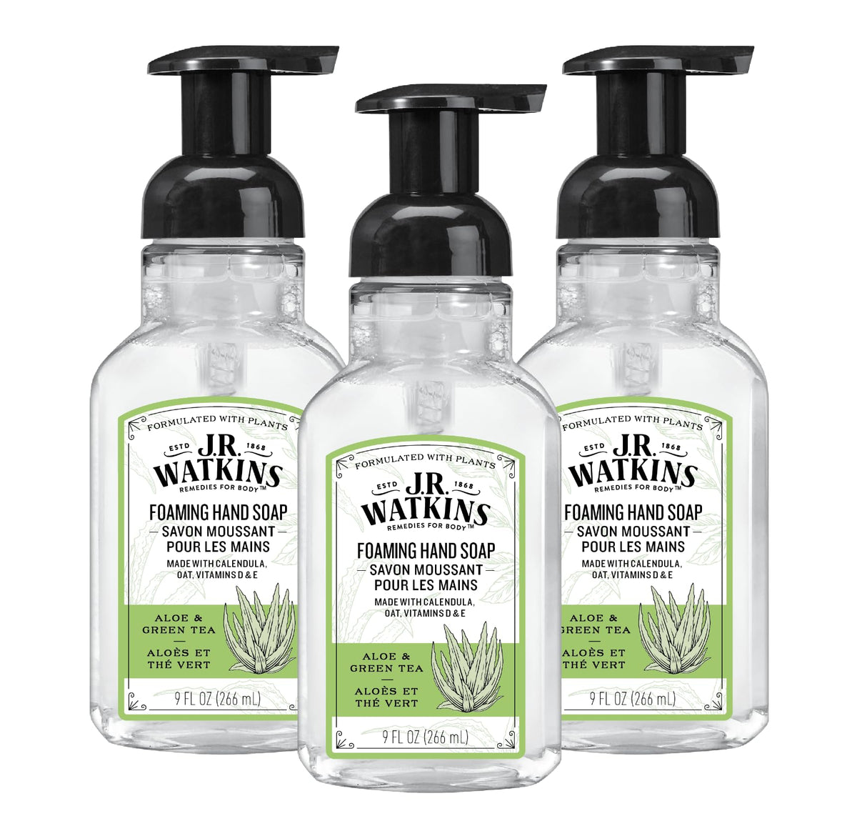 J.R. Watkins Foam Hand Soap 3 Pack Aloe & Green Tea front view