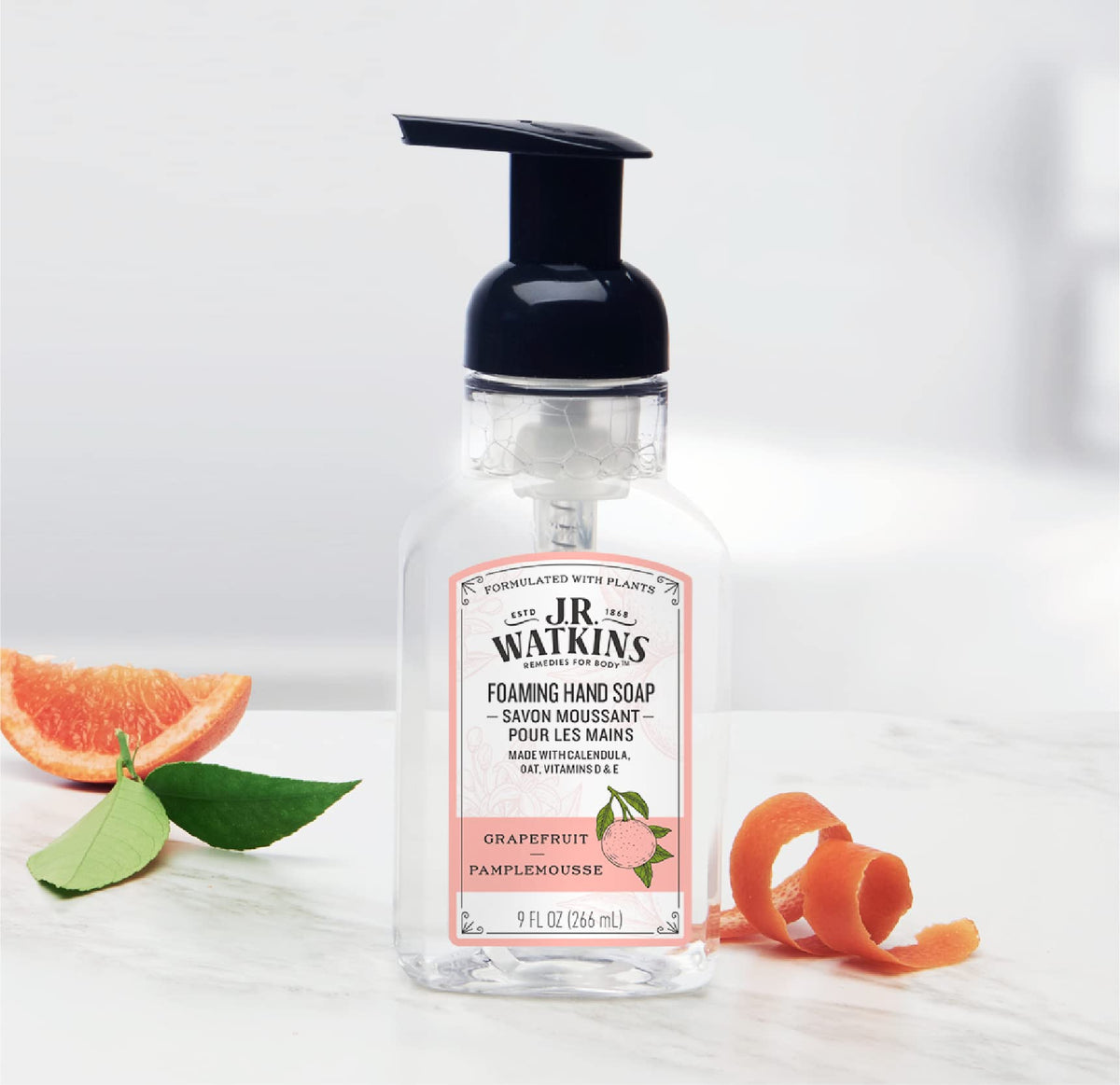 J.R. Watkins Foam Hand Soap 3 Pack displayed on a bathroom counter