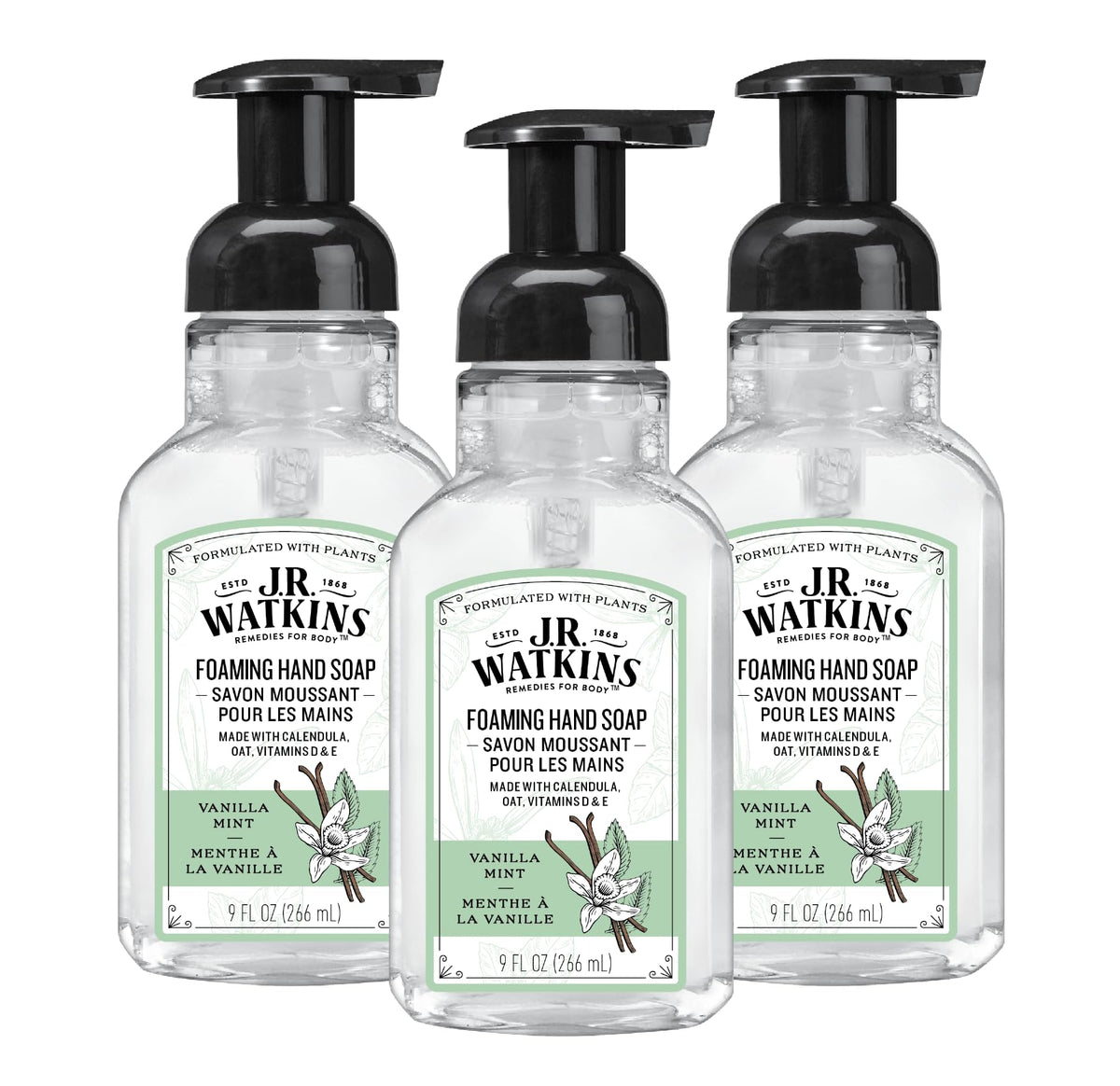 J.R. Watkins Foam Hand Soap 3 Pack Vanilla Mint front view