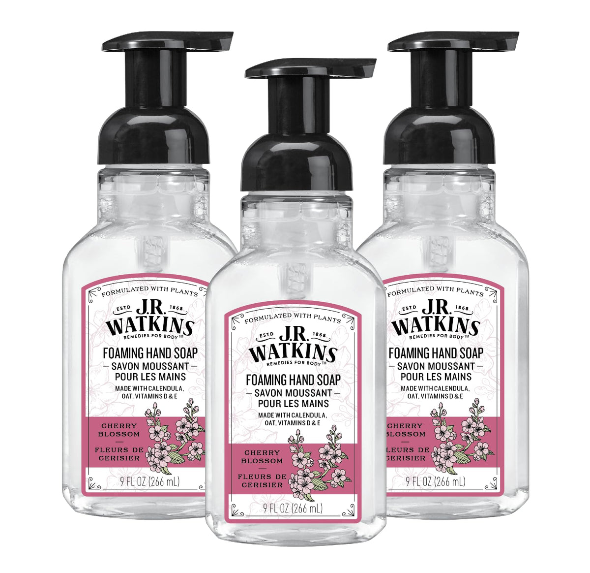 J.R. Watkins Foam Hand Soap Dispenser 3 Pack Cherry Blossom front view