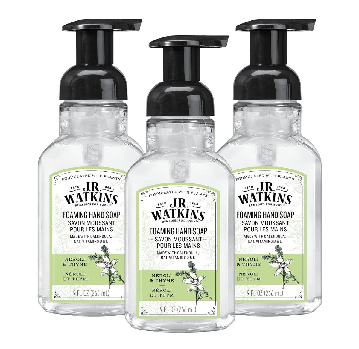 J.R. Watkins Foam Hand Soap Dispenser 3 Pack, Neroli & Thyme 9 fl oz front view