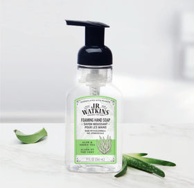 J.R. Watkins Foam Hand Soap dispenser with green tea leaves