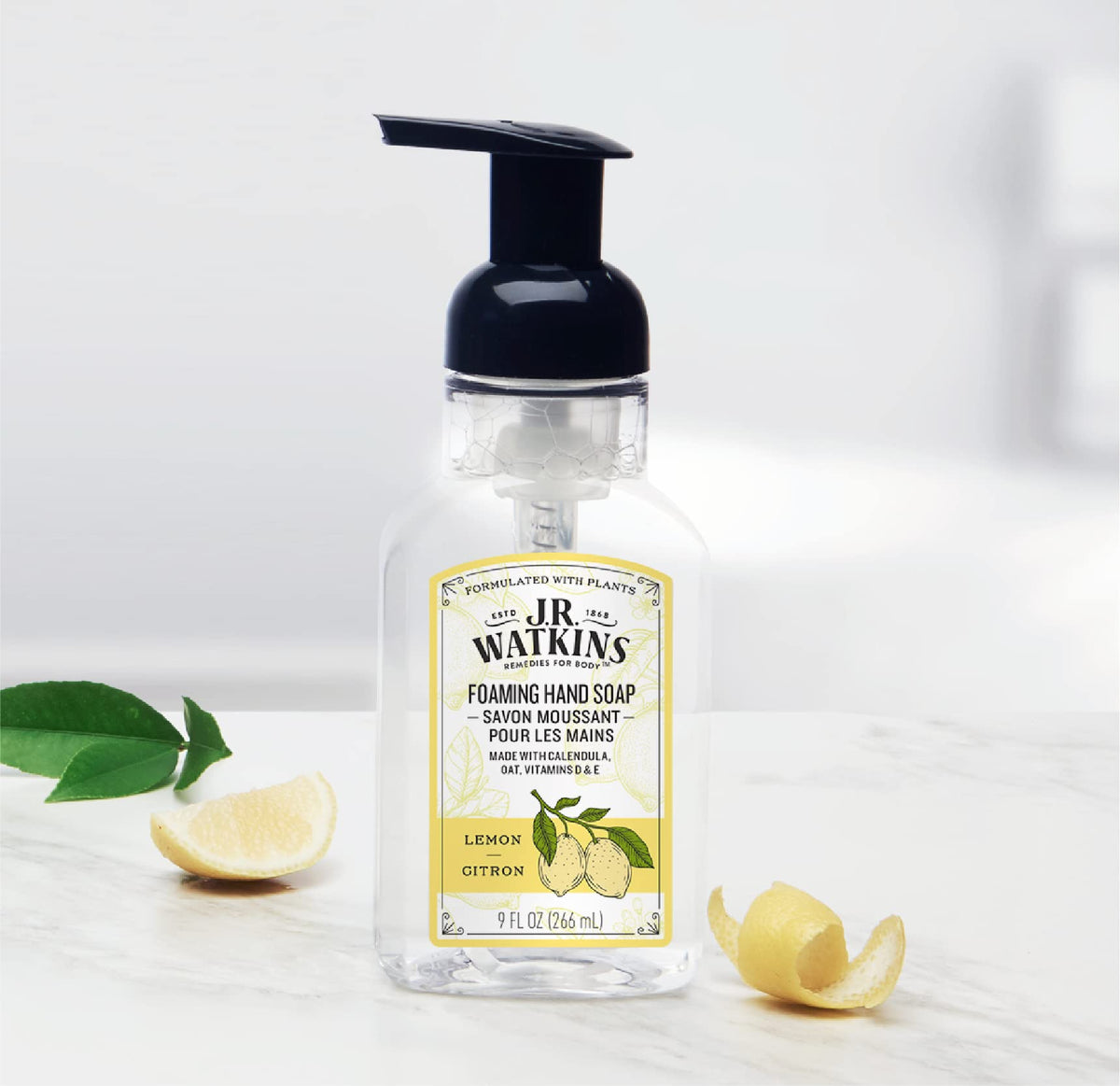 J.R. Watkins Foam Hand Soap dispenser with lemon slices