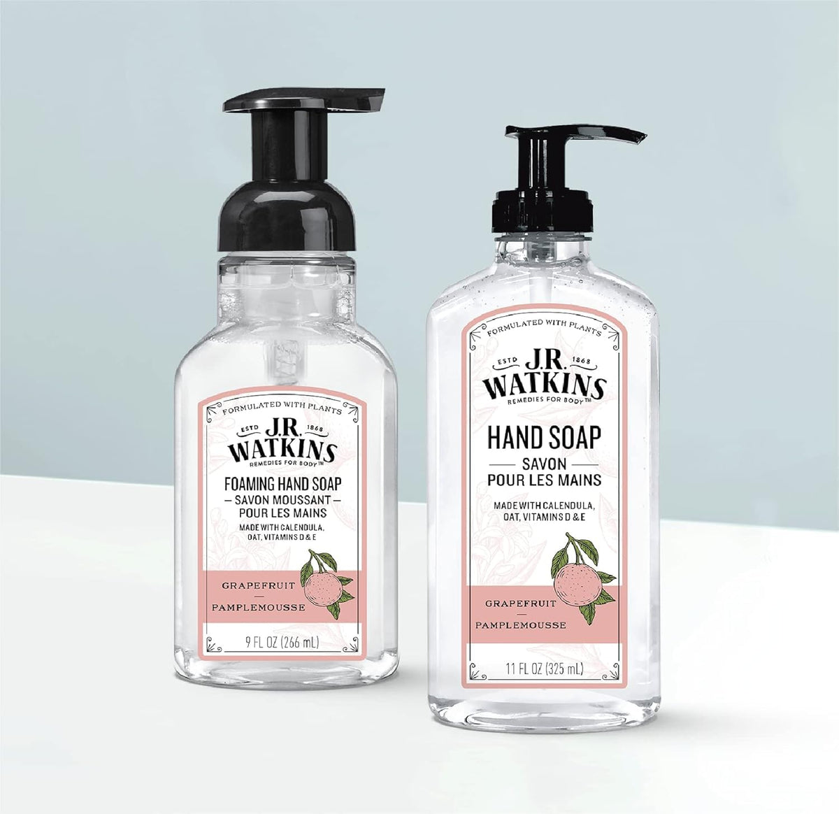 J.R. Watkins Foaming Hand Soap 3 Pack displayed on a kitchen counter