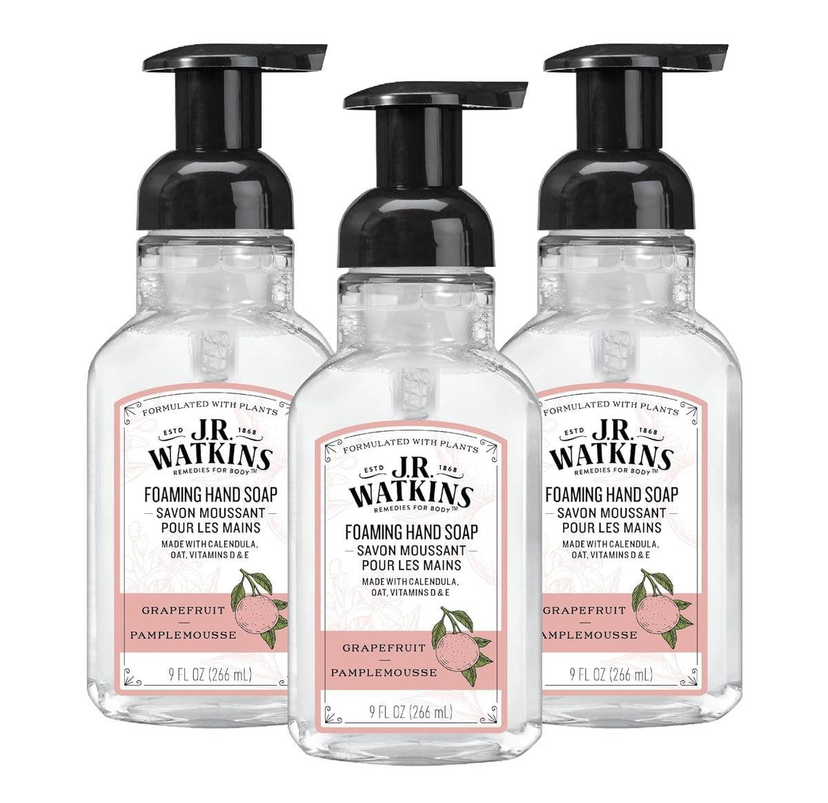 J.R. Watkins Foaming Hand Soap Dispenser 3 Pack Grapefruit front view