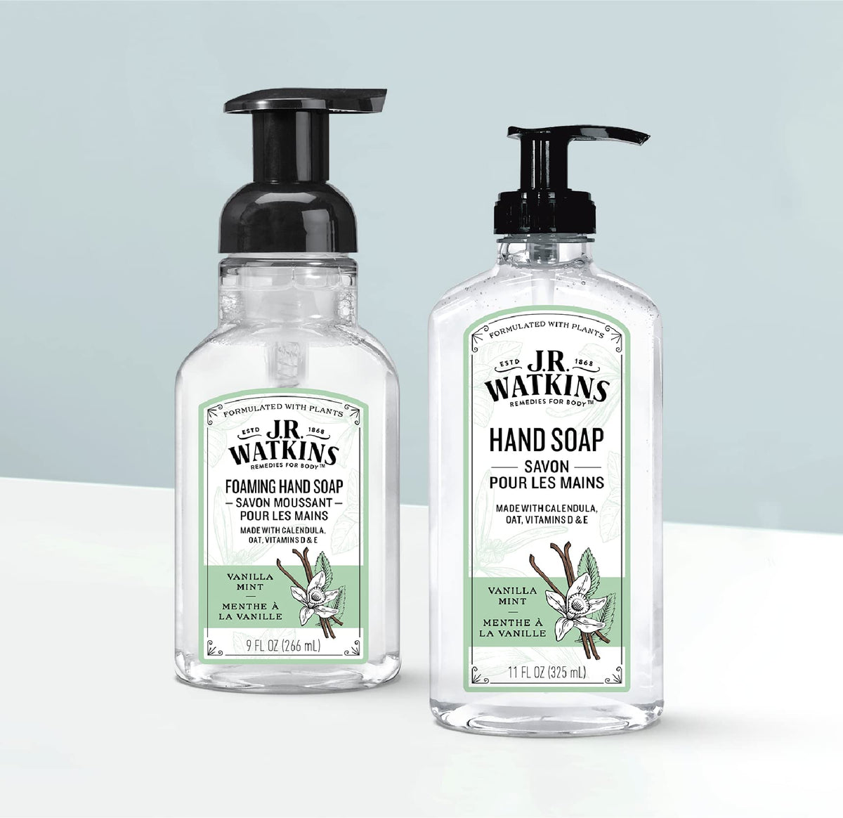 J.R. Watkins Gel Hand Soap 11 fl oz bottle with Vanilla Mint label