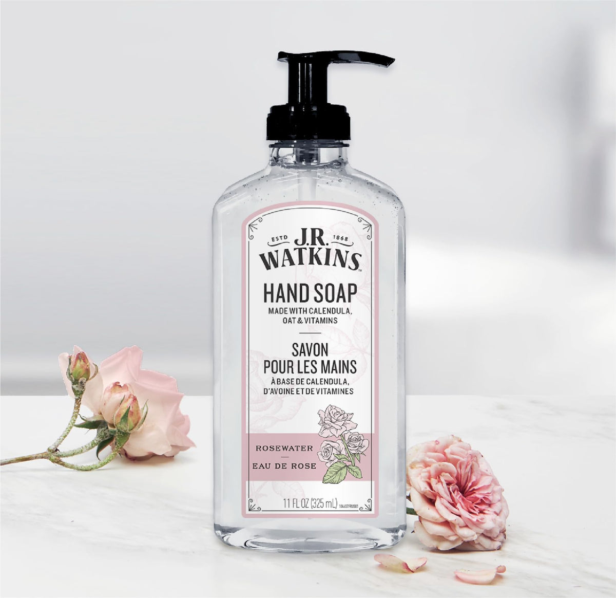 J.R. Watkins Gel Hand Soap 11 fl oz with rosewater scent label