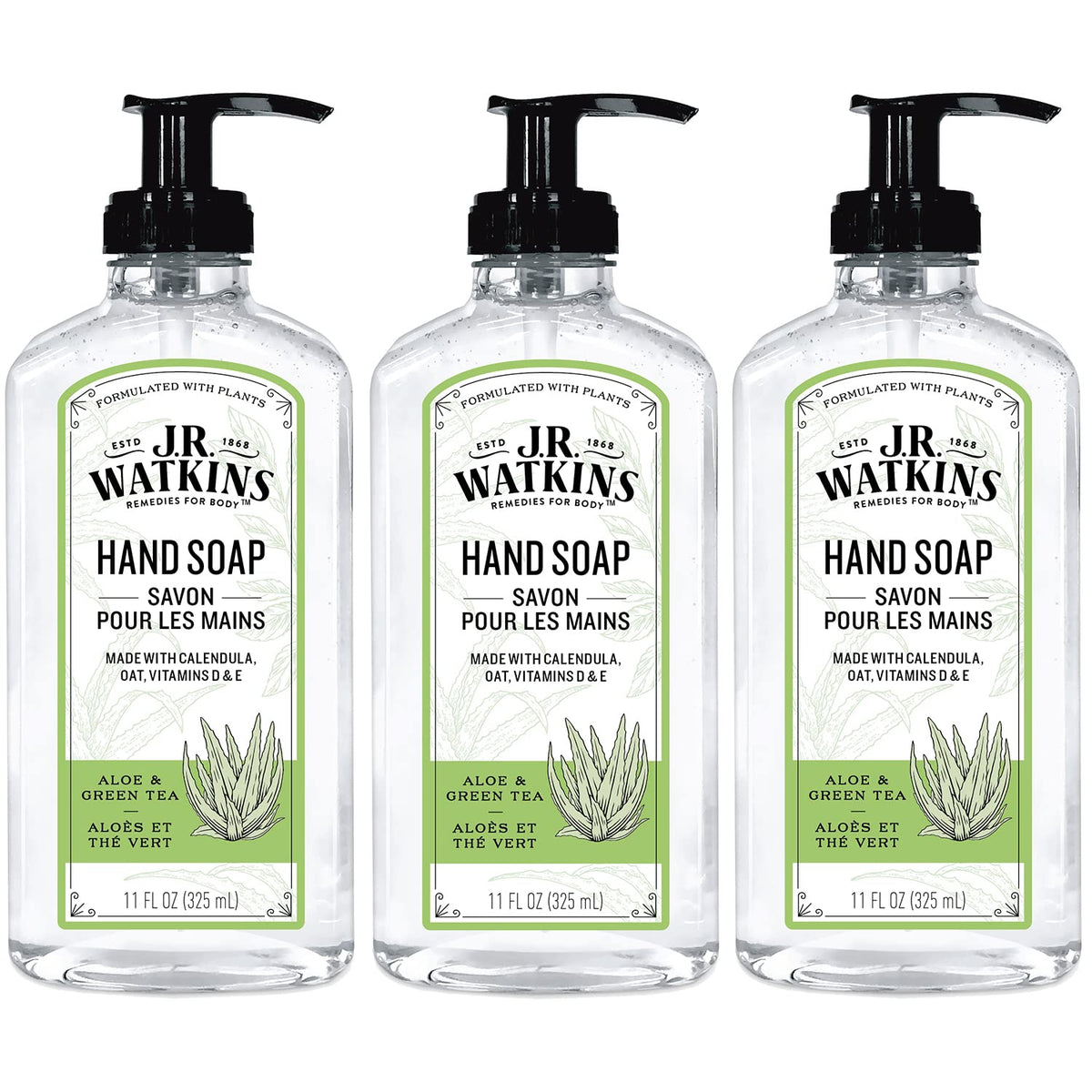 J.R. Watkins Gel Hand Soap 3 Pack Aloe & Green Tea front view