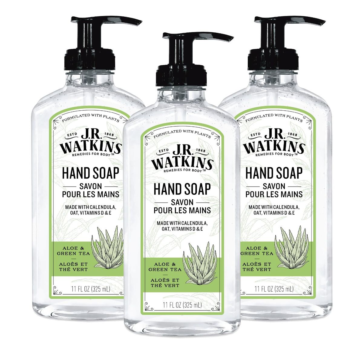 J.R. Watkins Gel Hand Soap 3 Pack Aloe & Green Tea front view