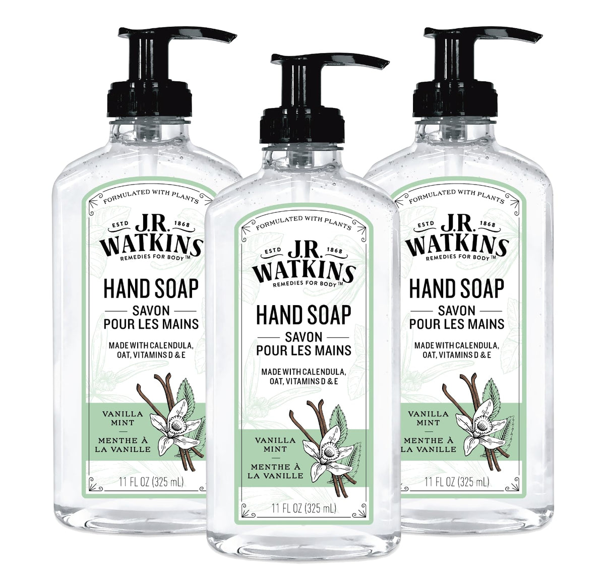 J.R. Watkins Gel Hand Soap 3 Pack Vanilla Mint front view