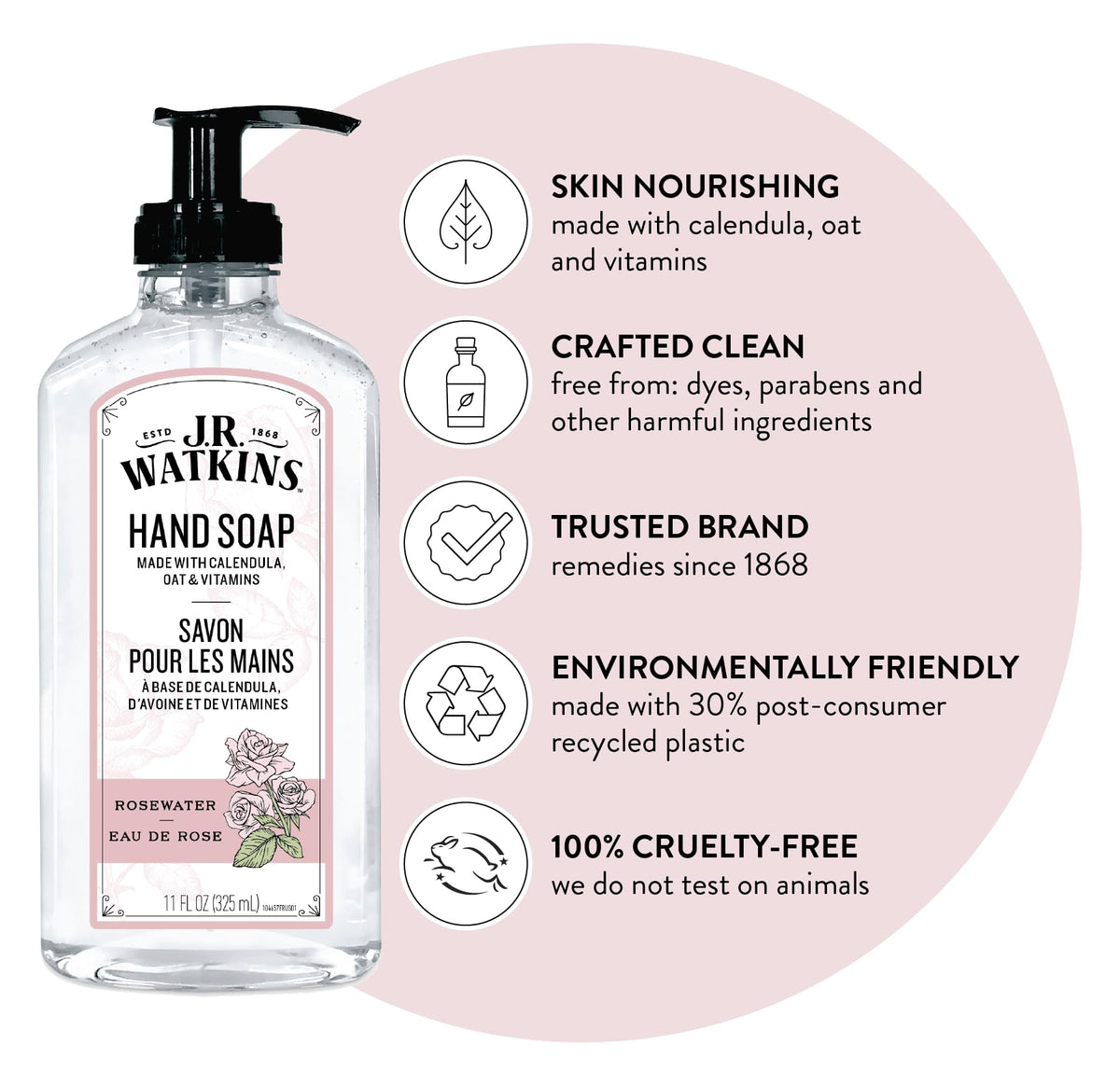 J.R. Watkins Gel Hand Soap bottle side view showing ingredients