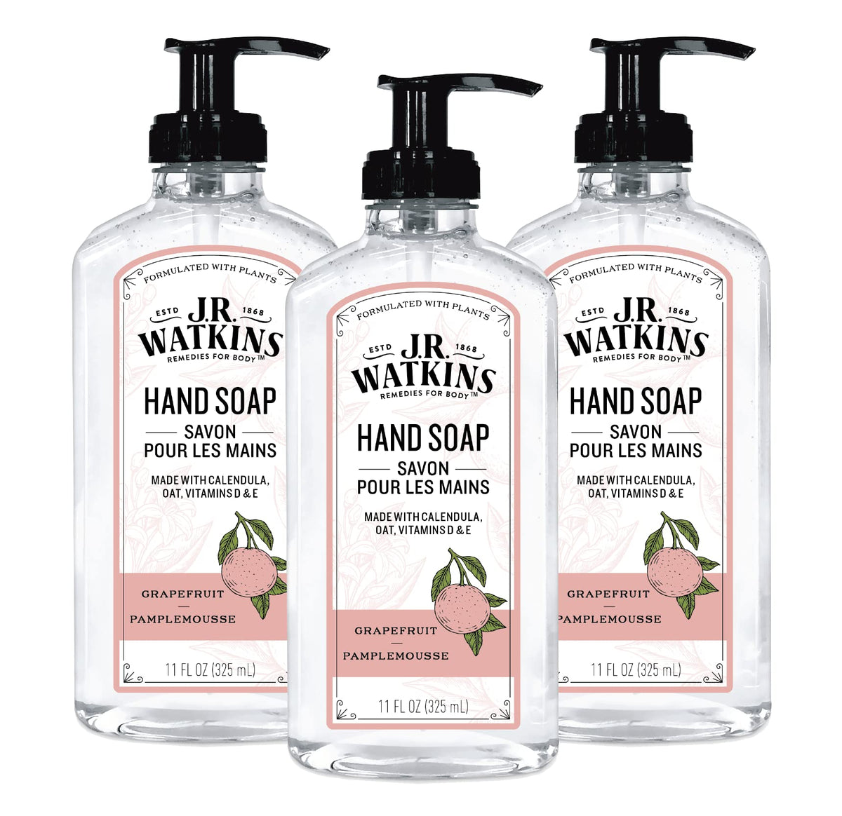 J.R. Watkins Gel Hand Soap Dispenser 3 Pack Grapefruit front view