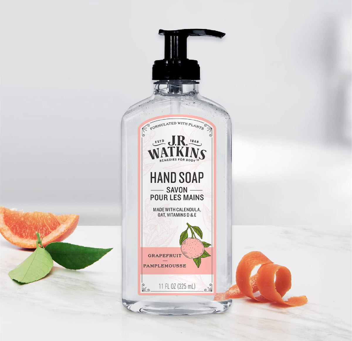 J.R. Watkins Gel Hand Soap Dispenser 3 Pack Grapefruit in kitchen setting