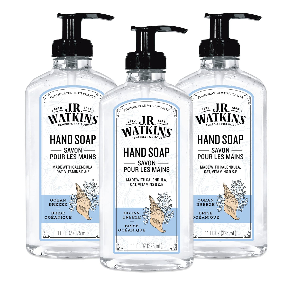 J.R. Watkins Gel Hand Soap Dispenser 3 Pack Ocean Breeze front view