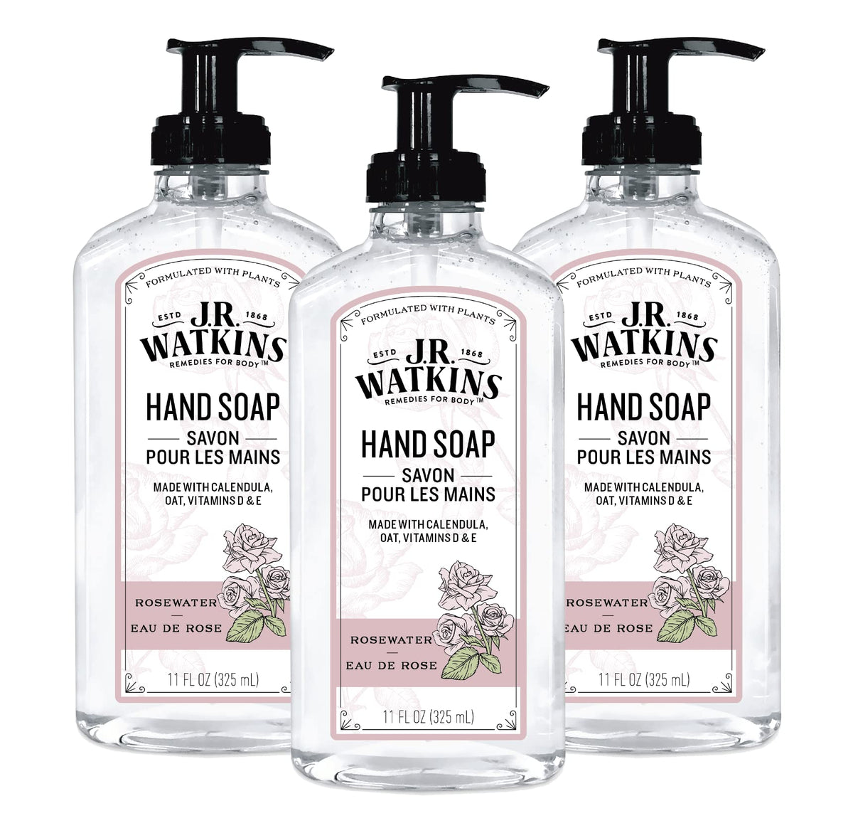 J.R. Watkins Gel Hand Soap Dispenser 3 Pack Rosewater front view