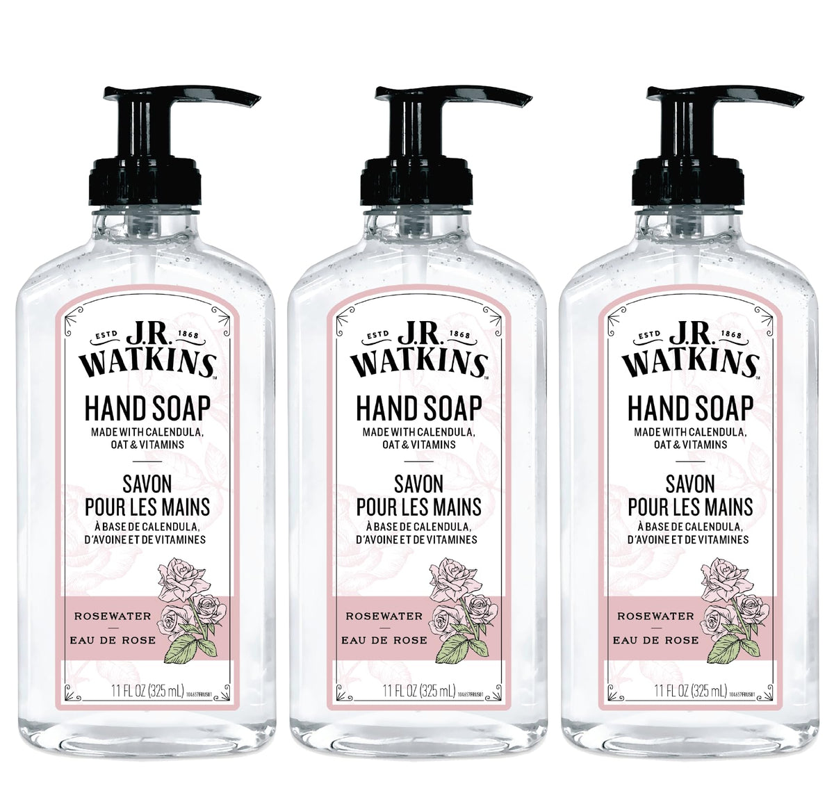 J.R. Watkins Gel Hand Soap Dispenser 3 Pack, Rosewater scent front view