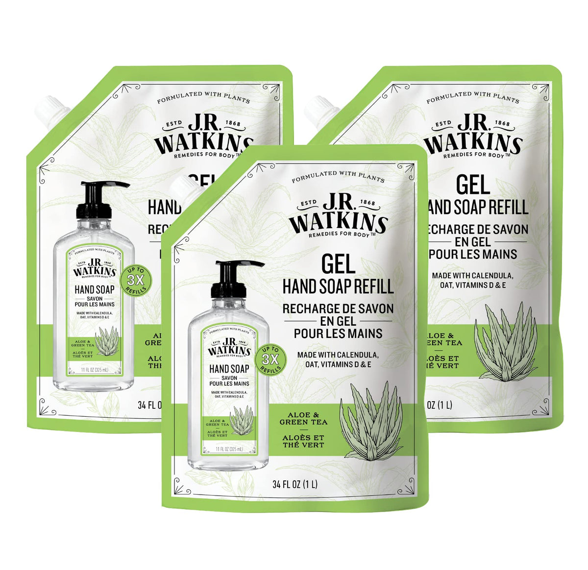 J.R. Watkins Gel Hand Soap Refill 3 Pack Aloe & Green Tea front view