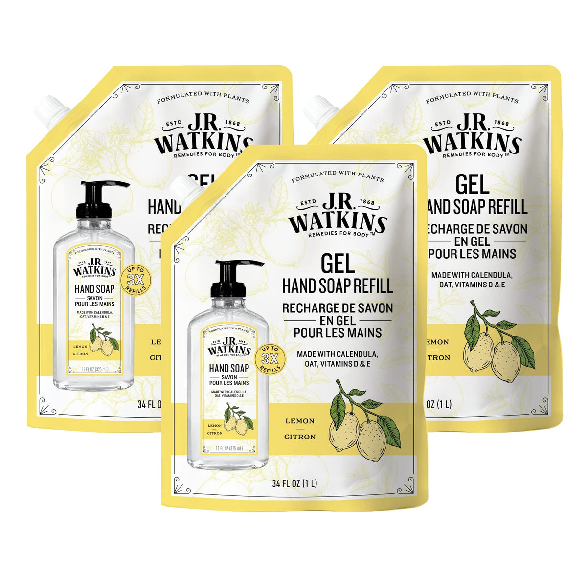 J.R. Watkins Gel Hand Soap Refill 3 Pack in Lemon scent front view