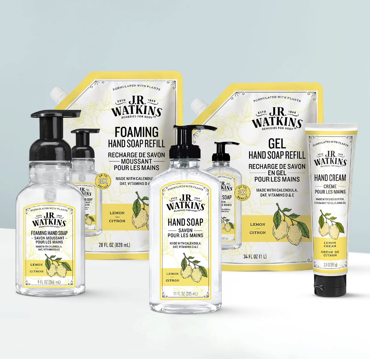 J.R. Watkins Gel Hand Soap refill pack on a kitchen counter