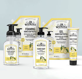 J.R. Watkins Gel Hand Soap refill pack on a kitchen counter