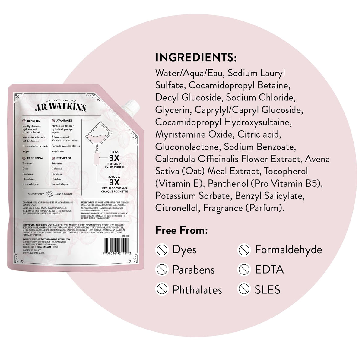 J.R. Watkins hand soap refill pack showing eco-friendly packaging