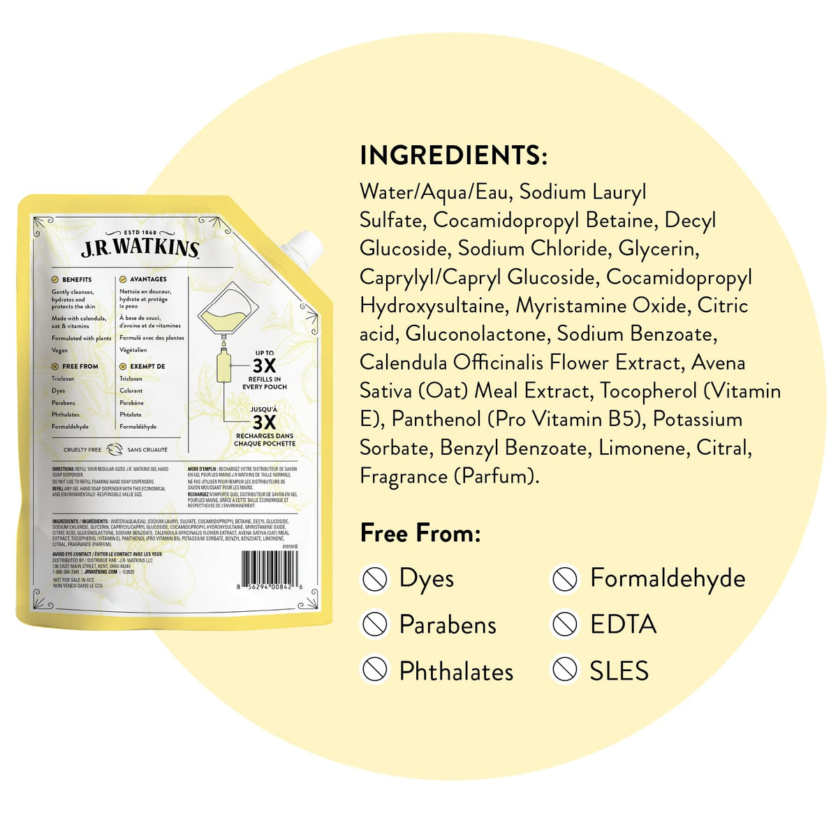 J.R. Watkins hand soap refill packaging details