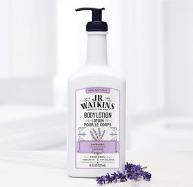 J.R. Watkins Lavender Body Lotion on a bathroom counter