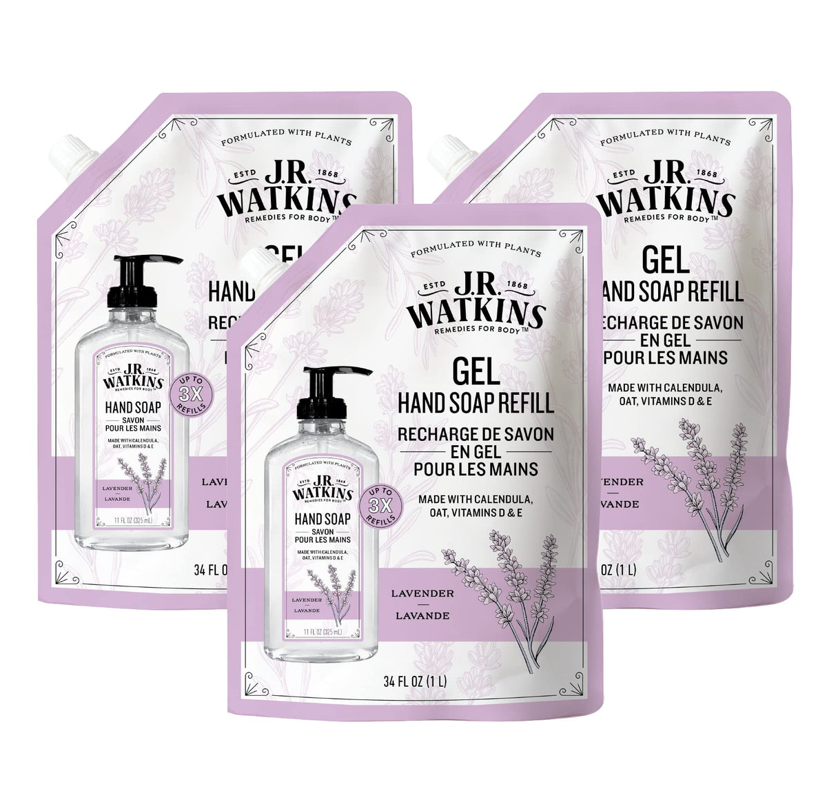 J.R. Watkins Lavender Hand Soap Refill 3 Pack front view