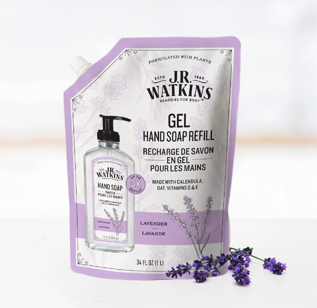 J.R. Watkins Lavender Hand Soap refill pouch back view