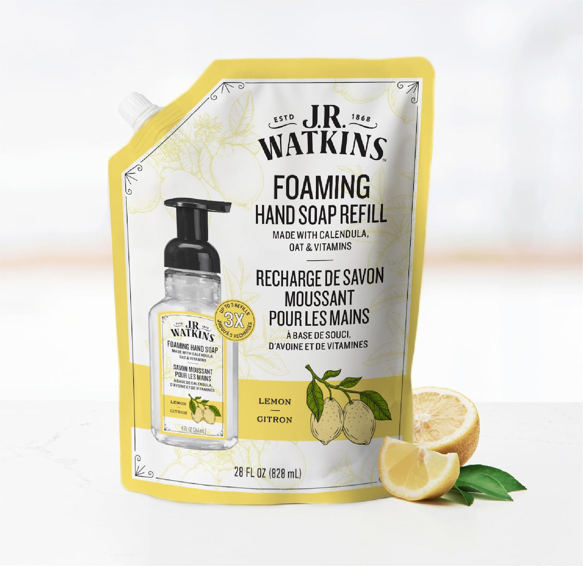 J.R. Watkins Lemon Foam Hand Soap refill bottles on display