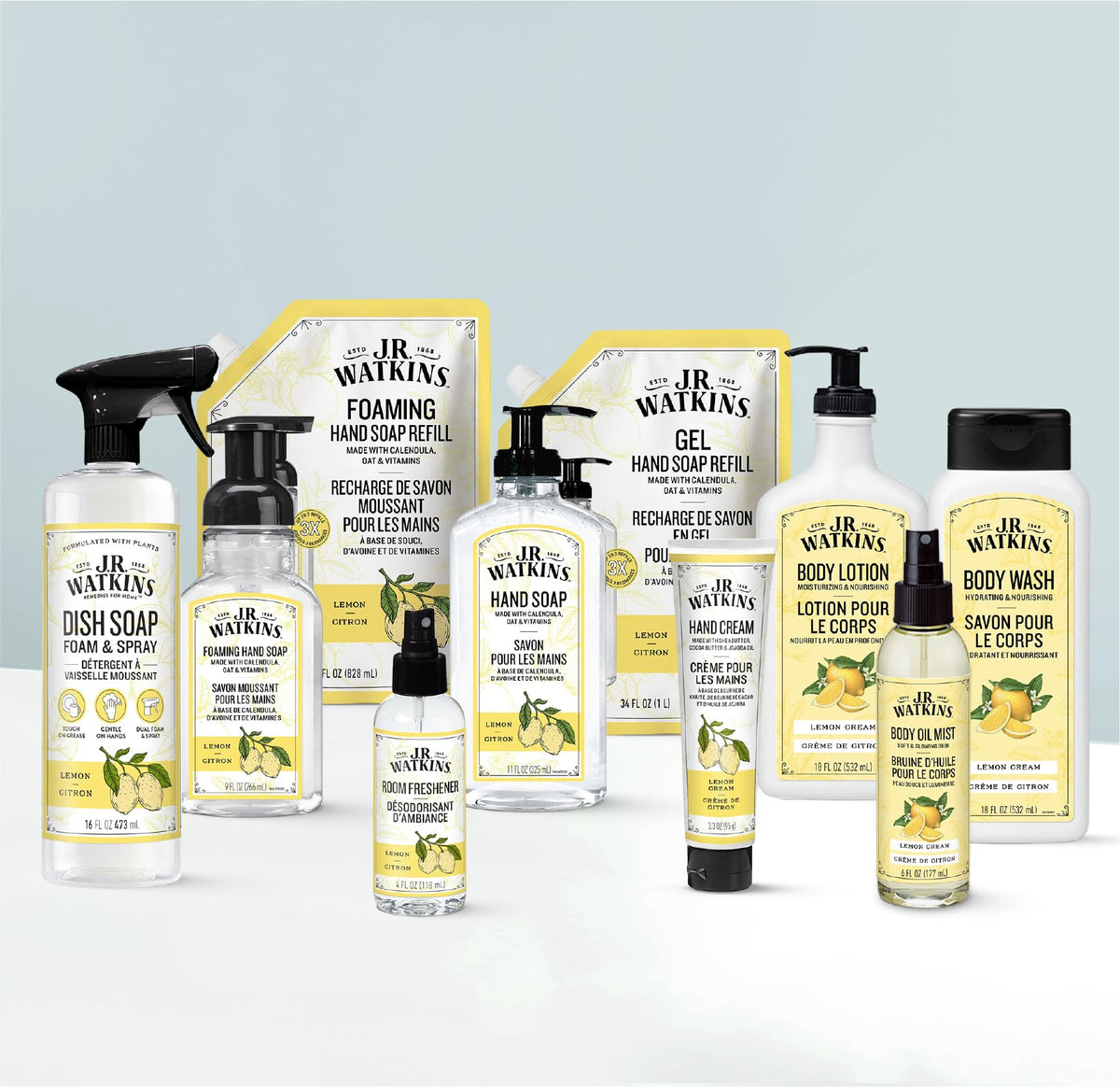 J.R. Watkins Lemon Foam Hand Soap with lemon slices background