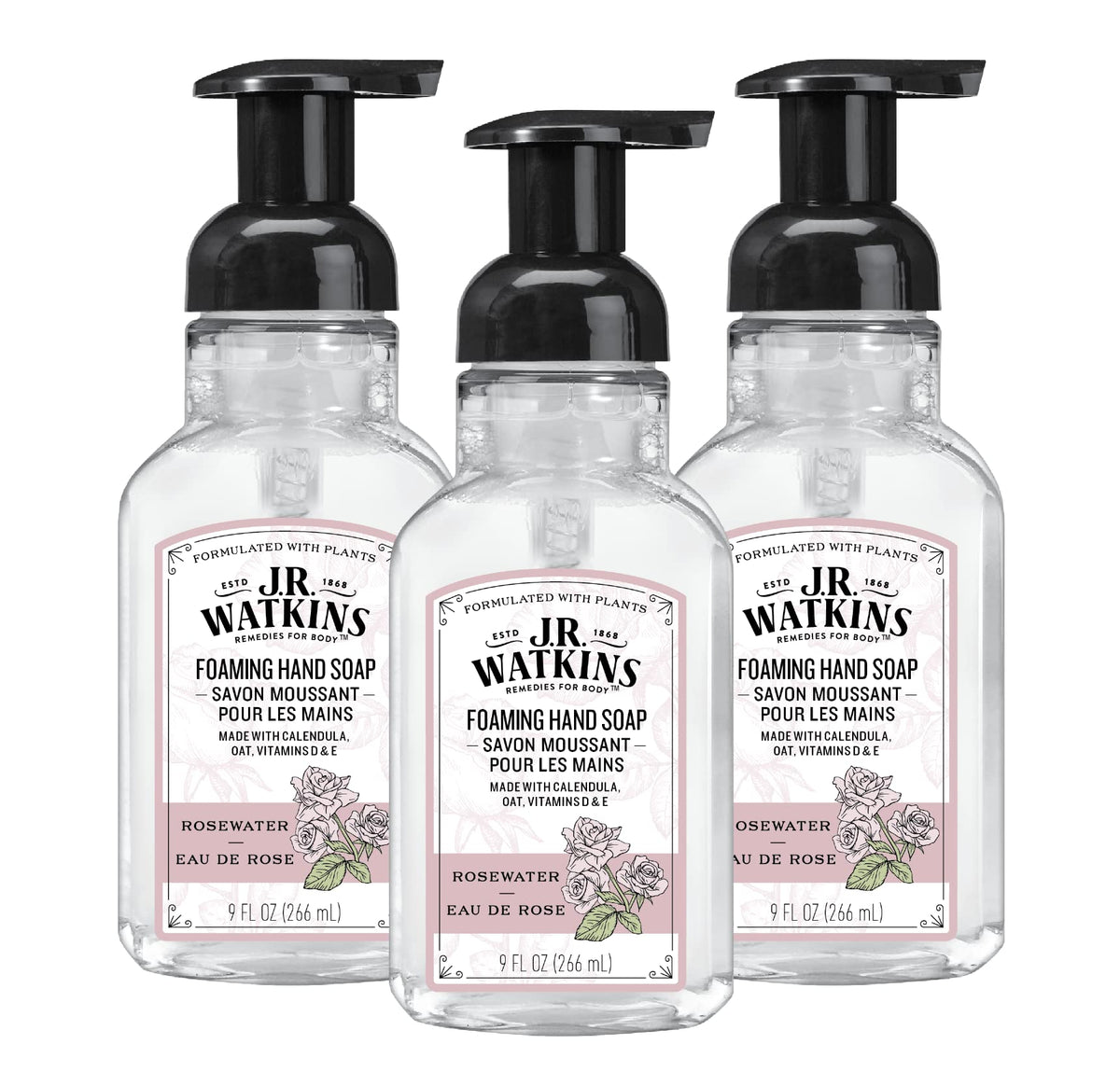 J.R. Watkins Moisturizing Foam Hand Soap 3 Pack, Rose scent front view