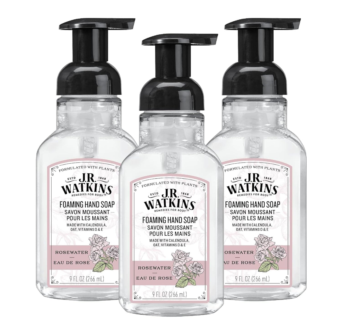 J.R. Watkins Moisturizing Foam Hand Soap Dispenser 3 Pack, Rose front view