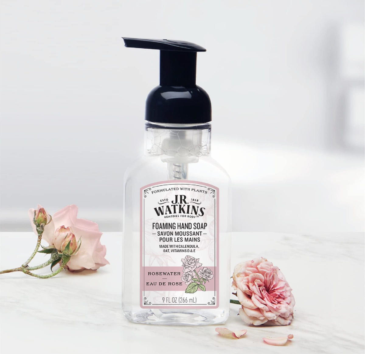 J.R. Watkins Moisturizing Foam Hand Soap dispenser close-up