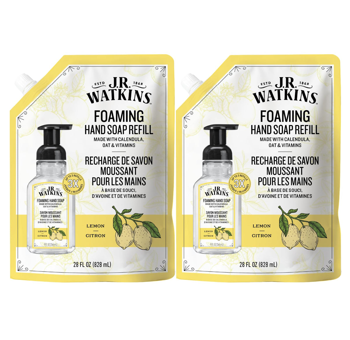 J.R. Watkins Moisturizing Foam Hand Soap Refill 2 Pack, Lemon front view