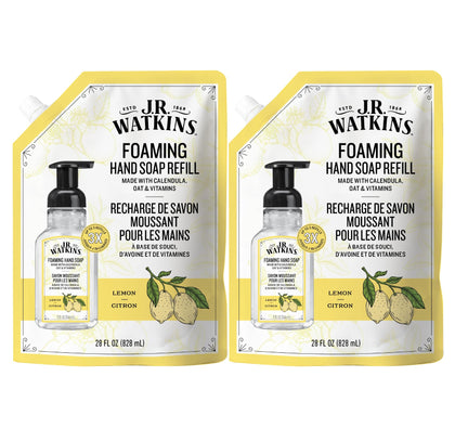 J.R. Watkins Moisturizing Foam Hand Soap Refill 2 Pack, Lemon front view