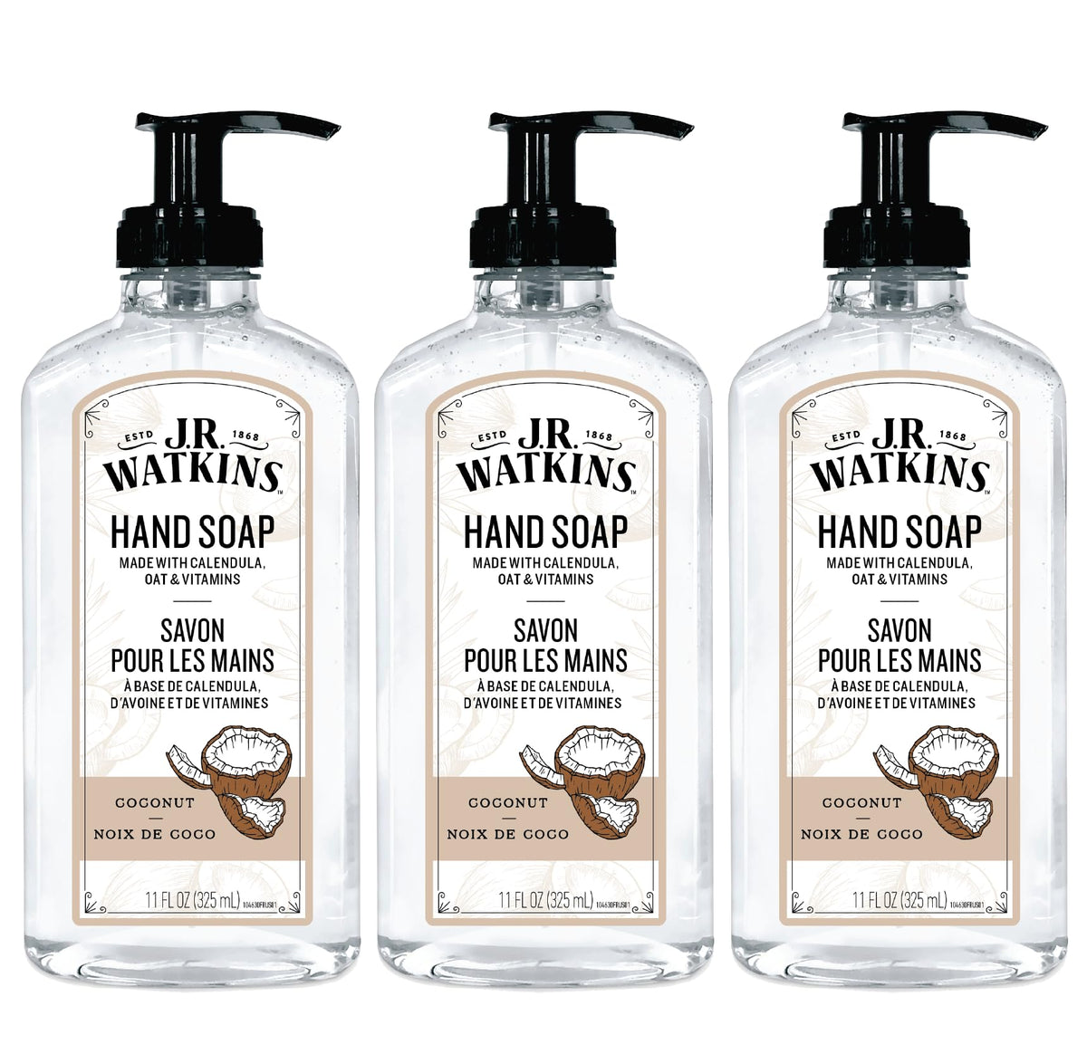 J.R. Watkins Moisturizing Gel Hand Soap 3 Pack Coconut front view