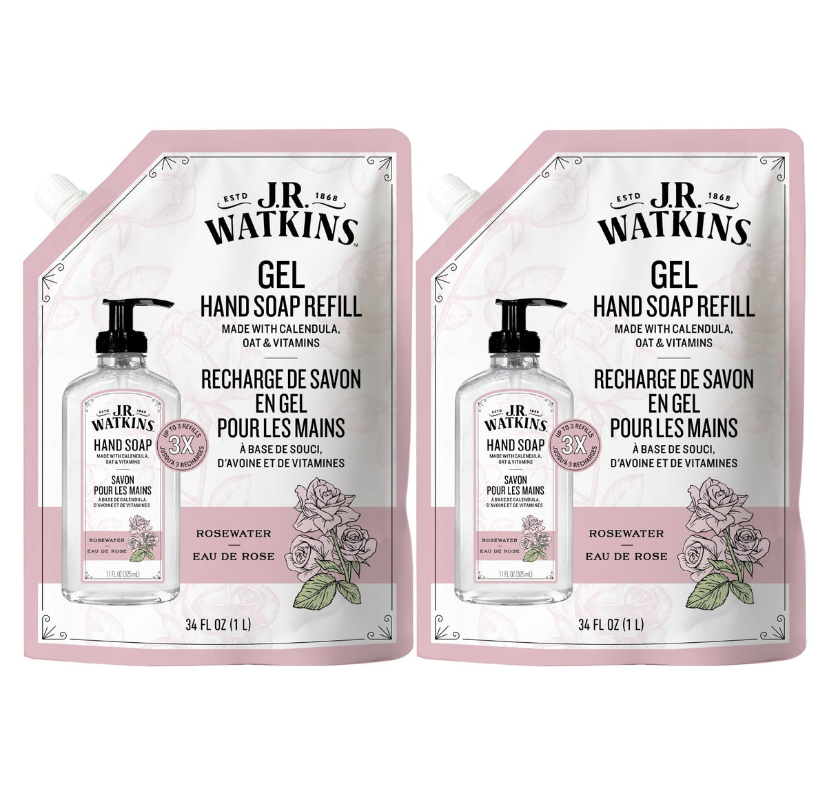 J.R. Watkins Moisturizing Gel Hand Soap Refill 2 Pack in Rosewater scent