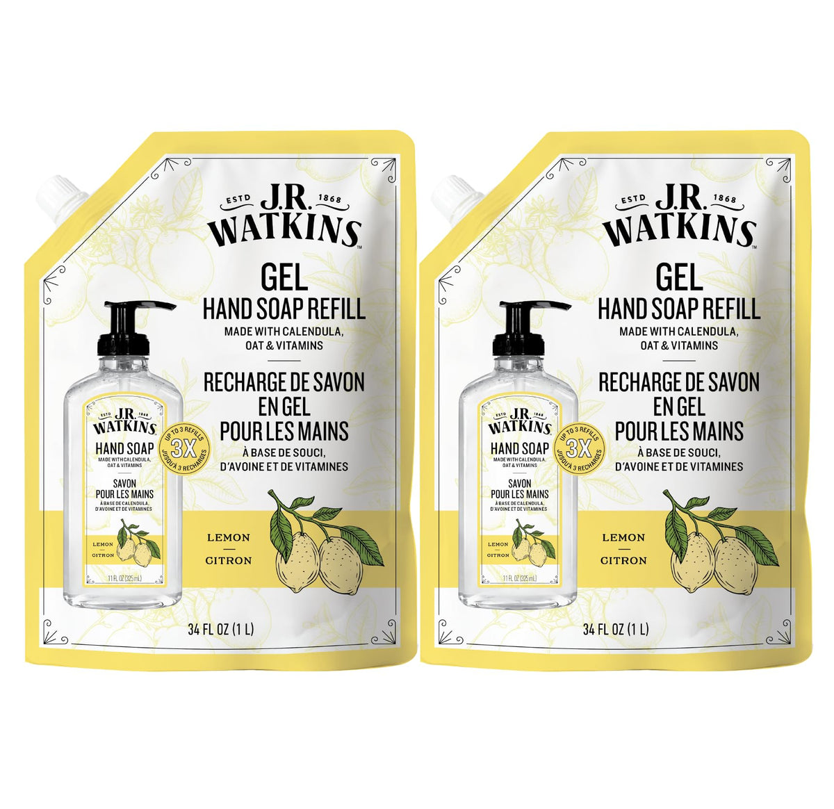 J.R. Watkins Moisturizing Gel Hand Soap Refill 2 Pack, Lemon, front view