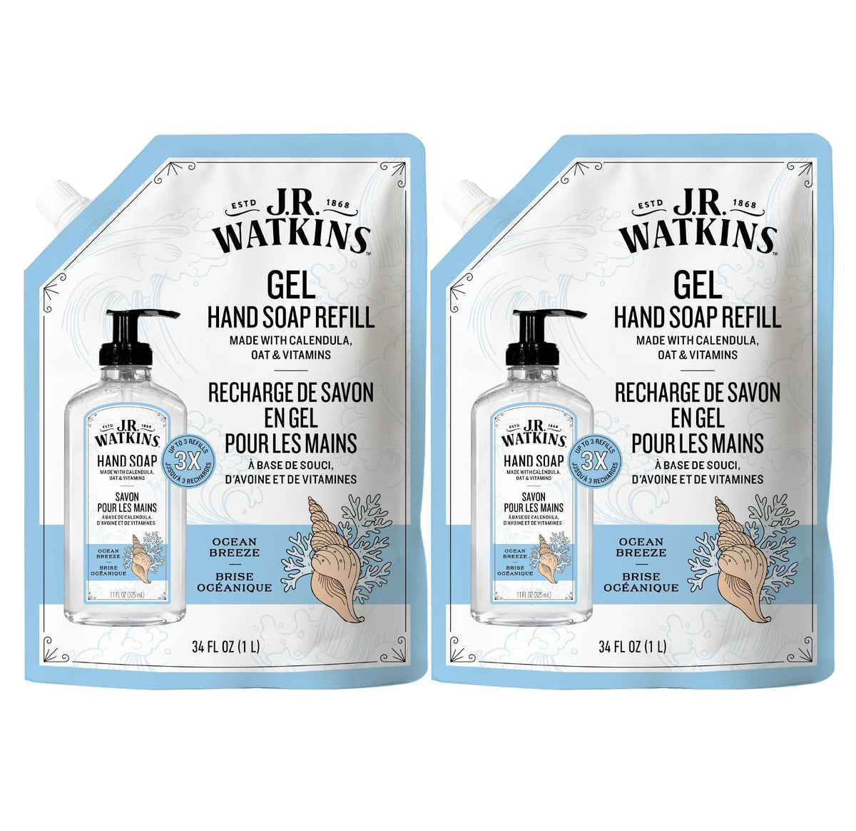 J.R. Watkins Moisturizing Gel Hand Soap Refill 2 Pack, Ocean scent front view